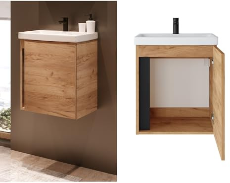 Impact Furniture Bathroom Vanity Unit with Sink 500mm Small Wall Hung Cabinet Oak Effect and Black Modern Wall Mounted Cloakroom 50cm Unit with Basin Soft Close Slim Narrow