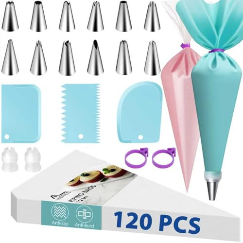 HOTEC Piping Bags and Tips Set, 120 Pcs Cake Decorating Kit with 100pcs 12 Inch Disposable Pastry Bags, 1 Reusable Piping Bags, 12 Piping Tips, 3 Cake Scraper, 2 Couplers, 2 Bag Ties, Baking Supplies