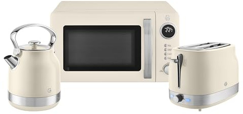 Swan Retro Kitchen Set, 1.7L Rapid Boil Traditional Kettle, 2 Slice Toaster and 20L Microwave, Cream, SK14631C & ST19028C & SM4425CRM