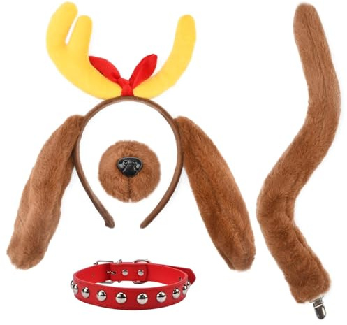 YUYWWAN Serre-Têtes de Cerf avec Oreilles de Chien, Deguisement Renne, Serre Tete Renne, Peluche Oreilles de Chien, Bandeau de Noël pour Femme Fille Enfant, Christmas, Halloween, Cosplay, Déguisement