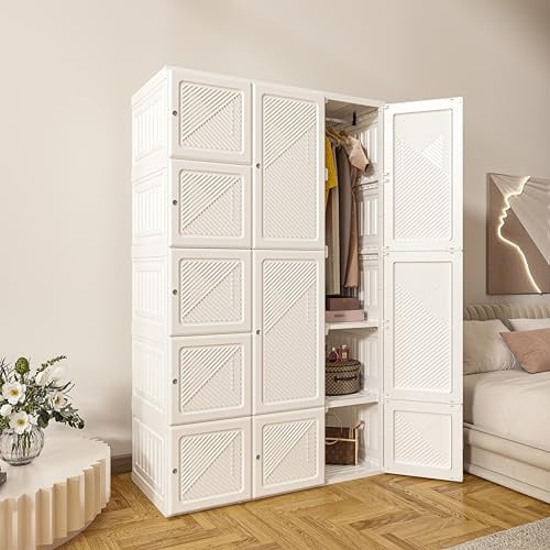 MAYIBOX Zusammenklappbarer Kleiderschrank,104x170x50cm, schnelle Montage, vielseitiger Schrank mit Kleiderstange und Magnettüren, Perfekt für Schlafzimmer und Wohnzimmer,5 Staufächer-3 Kleiderbügel