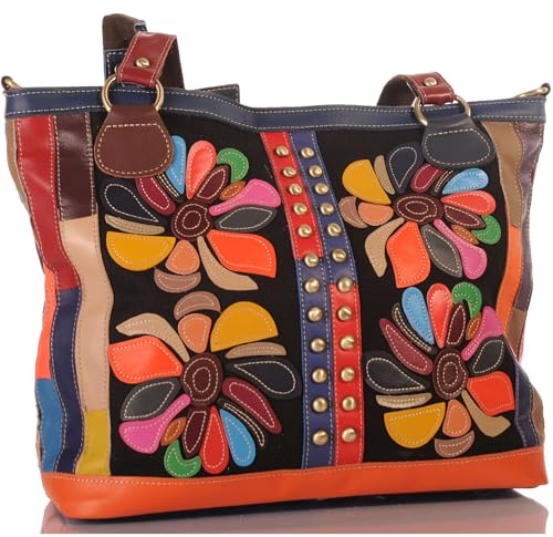 KMISSO Große Damen Leder Patchwork Tasche 2-in-1 mit Umhängegurt – Schultertasche & Shopper, buntes Design mit Blumen-Applikationen, ca. 39 × 30 × 15 cm