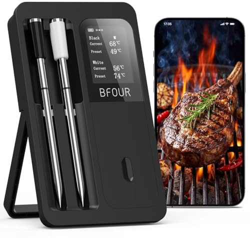BFOUR BF-40 Wireless Meat Thermometer,Bluetooth Meat Thermometer With 2 Color-Coded Probes,APP Control & Dual Alerts,Wireless Thermometer for Smoking Stove,Barbecue,Oven