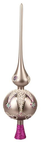 Christbaumspitze Glas 35cm mit Glitzer Ornamenten - mundgeblasen & handbemalt - Weihnachtsbaumspitze für den Christbaum - Christbaumschmuck & Weihnachtsbaumschmuck - Taupe Pink