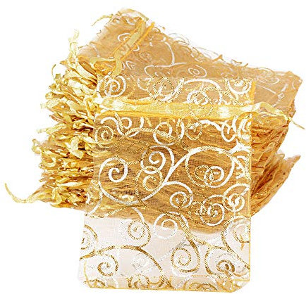 BUONDAC (8 x 11 cm Lot de 100 sachets en organza à remplir pour mariage, Noël, baptême, lavande, sacs cadeaux en organza (motif doré)