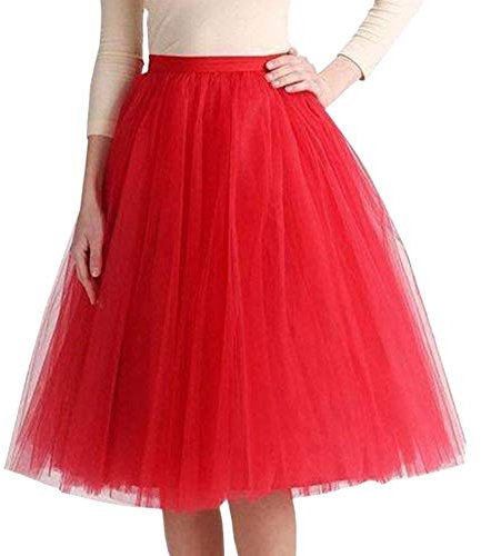Minetom Damen Mädchen Tüllrock Hochwertiger Gefalteter Gaze-Knie-Längenrock Erwachsener Tutu-Tanzenrock Unterrock Party Abend Formelle Rock Rot XL (74-130cm)