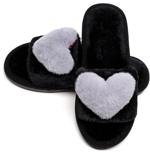 Women's Fuzzy Fluffy Furry Fur Slippers Flip Flop Open Toe Cozy House Sandals Slides Soft Flat Comfy Anti-Slip Spa Indoor Outdoor Slip on (01/Grey, 38-39)