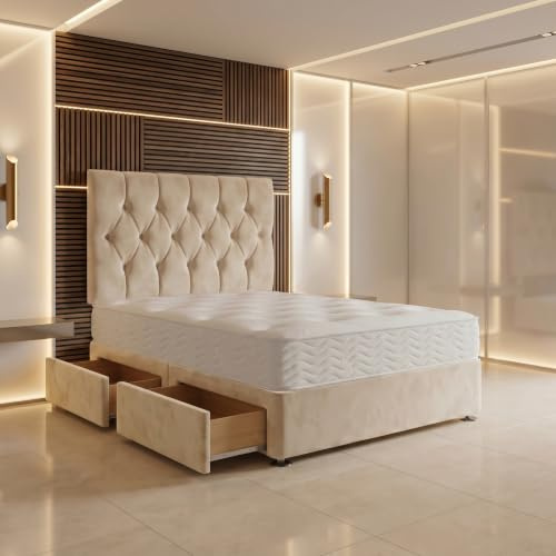 Bed Centre Ziggy Plush Small Double Divan Bed Set with 24 cm Sprung Memory Foam Mattress, Headboard, No Drawers, Ivory | 24 cm Sprung Memory Foam Mattress, Headboard