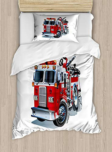 ABAKUHAUS LKW Bettbezugs Set für Einzelbetten, Feuerwehrfahrzeug, Milbensicher Allergiker geeignet mit Kissenbezug, 130 x 200 cm, Grau Rot