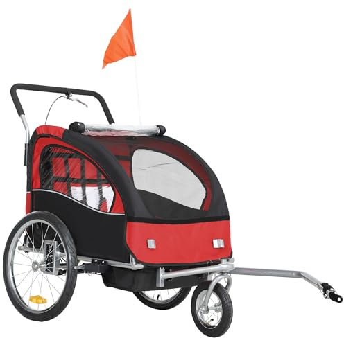 HOMCOM 2 Seat Bike Trailer for Kids, Baby Bike Stroller with 5 Point Harness, Child Bicycle Trailer with Safety Flag, Reflectors, Windproof Curtain, for 18+ Months, Red