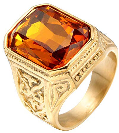 PAURO Herren Edelstahl Jahrgang Hochzeit Versprechen Zirkonia Ring mit Großem Stein Gold Orange Größe 70 (22.3)