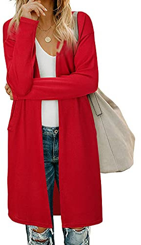 OUGES Women's Christmas Cardigan Shirt with Pockets Long Sleeve Open Front Lightweight Cardigan(Red,L)