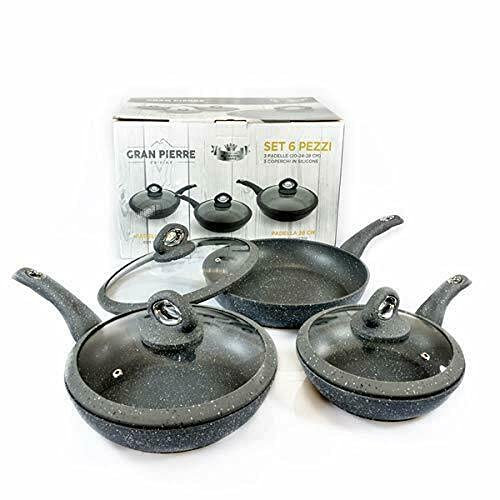 Set Padelle Antiaderenti in Pietra Lavica con Coperchio in Vetro Temperato e Manico Ergonomico di Altissima qualità Blumenthal Bavaria per fornelli ad Induzione, Gas ed Elettrici
