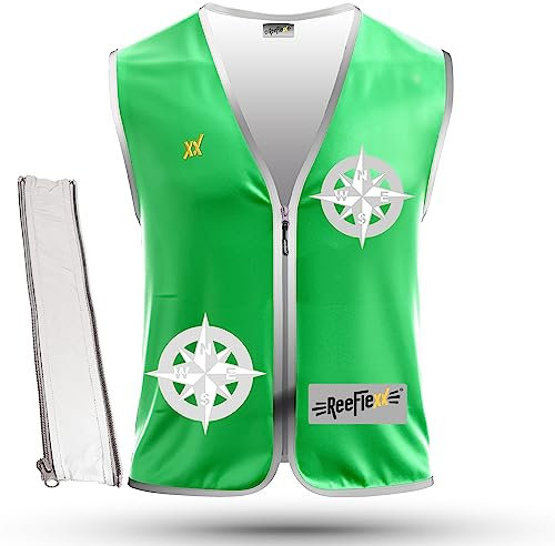 REEFLEXX Herren Warnweste inkl. Größen-Adapter, mit Warnweste erhöhte Sichtbarkeit im Straßenverkehr durch Reflektoren, Farben und Muster, Solid Green Compass - Größe L