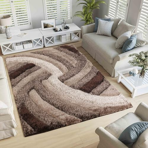 Serdim Rugs Moderner Shaggy-Teppich, weich, Wirbel-Design, handgeschnitzt, glänzend, für Wohnzimmer, Polyester, Bronze, 160 x 230 cm
