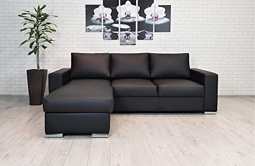 Quattro Meble Schwarzes Echtleder Ecksofa Mallorca 245 x 170 cm Sofa Couch mit Bettfunktion und Bettkasten Echt Leder Eckcouch Leder Sofa Ledercouch (Ecke Links 164 x 245 cm)