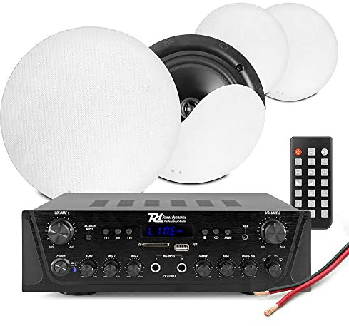 Power Dynamics Multi Room Ceiling Speaker System PV220BT Bluetooth Amplifier with NCSS6 Flush Mount Speakers for Home Audio, Kitchen, Lounge, Dining Room Installation Kit