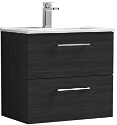nuie ARN624B Arno Modern Bathroom Wall Hung 2 Drawer Vanity Unit with Minimalist Ceramic Basin, 600mm, Woodgrain Charcoal Black