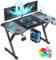 HLONONE LED Gaming Schreibtisch 140 x 60 cm, Gaming Tisch mit LED, Stabiler PC Tisch mit Kohlefaserbeschichtung, Gamer Tisch mit Getränkehalter und Kopfhörerhaken, Schwarz