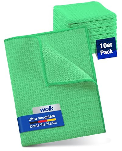 wolk Waffeltücher - Mikrofasertuch mit Waffelstruktur - 10 Stück - Größe: 38 x 38 cm - Farbe: grün - Lappen, Reinigungstücher, Putztücher - Bad, Küche, Gastronomie