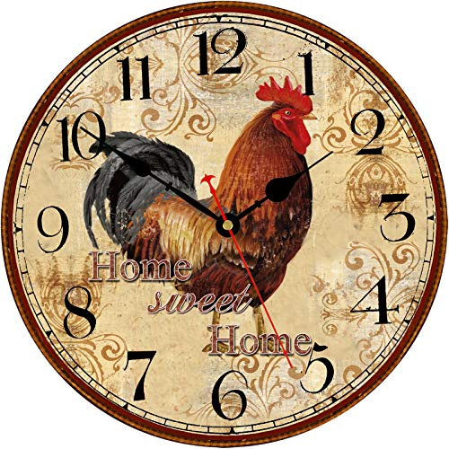 TAHEAT 30 cm Gallo Rojo Reloj de Pared, Vintage Retro Animales Relojes, Silencioso Pollo de Madera Reloj de Pared para Cocina/Salon/Dormitorio/Oficina
