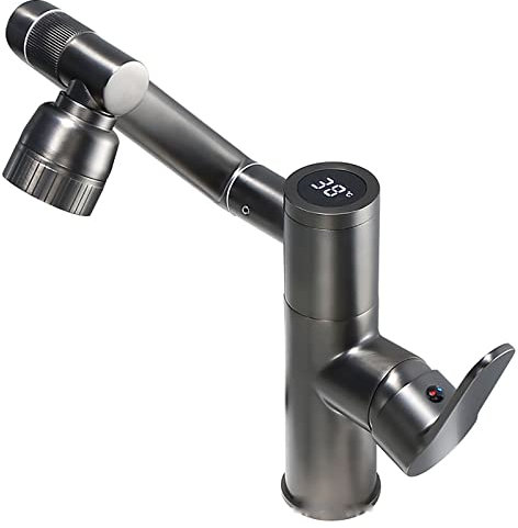 SWHC Wasserhahn Bad, Waschtischarmatur mit LED Temperaturanzeige Waschtischarmaturen 1080° Drehbar Einhebelmischer Waschbecken Armaturen 2 Modus Grau Messing Einfache Montage