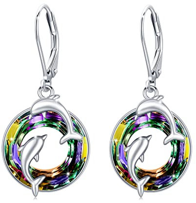 Delfin Kristall Ohrringe,S925 Sterling Silber Doppel Delfin Ohrringe Sfür Ozean Meer Tierliebhaber für Frauen