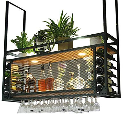 URBERY Weinregal Wand, Deckenmontage Hängendes Weinregal mit Gitter | Weinflaschenhalter Metall Eisen | Aufhängung Weinglashalter Stemware Rack Storage Organizer (Schwarz)