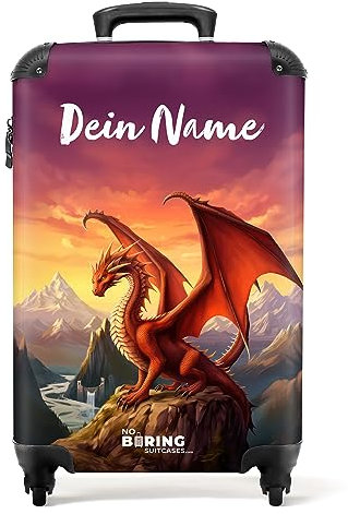 NoBoringSuitcases.com® Koffer personalisiert, Kinderkoffer - 55x40x20cm Handgepäck Trolley, Koffer für Kinder - Kindertrolley - Drache auf einem Berg - Leicht - Koffer mit Namen Initialen