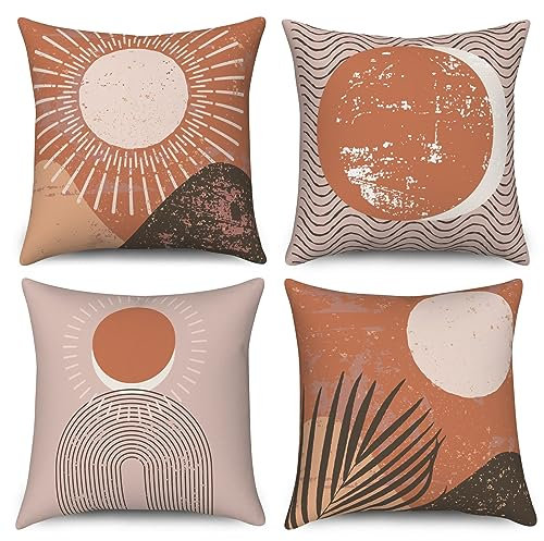 ASDCXZ Boho Kissenbezug 40x40 cm 4er Set, Modern Abstrakt Kunst Retro Sonne Blätter Orange Dekokissen Kissenbezüge Kissenhülle Waschbar Polyester Flachs Textil Polster Kopfkissenbezug Kissen Bezug