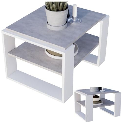 CraftPAK Wohnzimmer Tisch für Couch aus hochwertigem Holzwerkstoff, Stabiler & moderner Couchtisch mit zusätzlicher Ablagefläche, Model Kaja 63, Farbe Beton-Weiß