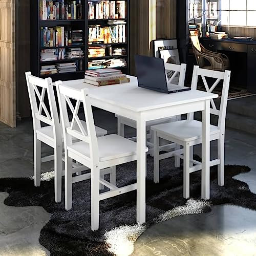 Hommdiy 5-TLG. Essgruppe, Holztisch Sitzgruppe Esstischset Esstisch mit 4 Stühle (Weiß)