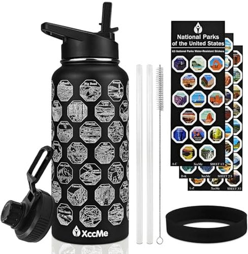 XccMe National Parks Water Bottle with Stickers,32 oz Insulated Stainless Steel Water Bottle with 2 Lids,Straws,Silicone Boot,Waterproof Stickers,Travel Vacuum Sealed Water Bottle,Leak Proof (Black)