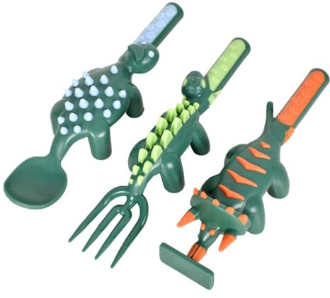 KYSUN 3 Piezas Utensilios para Niños y Niños Pequeños, Tenedor Bebe, Juego de Tenedores y Cucharas para Bebé, Cucharas de Dinosaurios, Tenedor y Cuchara Dinosaurios, Cubiertos Infantiles, Verde
