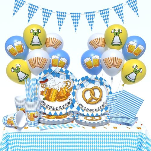 DUGEHO Oktoberfest Deko Set, Bierfest Geschirr Set einschließlich Tischdecke,Luftballons Teller Becher Servietten für Outdoor Münchner Oktoberfest Party Dekoration (16 Gäste)