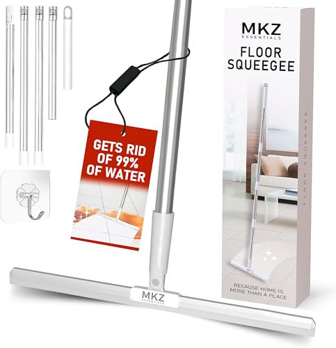 MKZ Essentials Floor Squeegee with Flexible 40cm Silicone Blade & 157.5 cm 4 Part Stainless Steel Pole,180 Degree Rotatable Head & Self Adhesive Hook, Wet Room Floor Cleaner, Mop Shower Cleaner