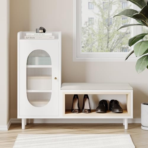 Zapatero con zapatero y banco, zapatero con asiento acolchado, puerta de cristal y compartimento abierto, banco acolchado para dormitorio y entrada, color blanco