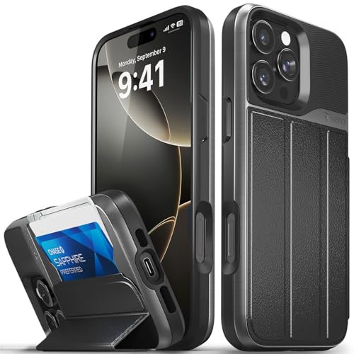 VENA vCommute Schutzhülle für iPhone 16 Pro Max, [Fallschutz in Militärqualität], Klapphülle aus Leder, Kartenhalter mit Ständer, Schwarz