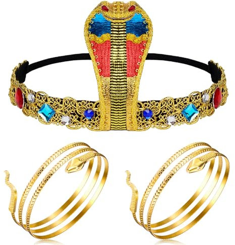 TBXNVG 3 Stück Ägyptisches Kostüm Zubehör, Ägyptische Kobra Kopfbedeckung und 2 Stück Whirlpool Schlange Armband, Golden Cleopatra Kostüm Damen zubehörset für Frauen Mädchen
