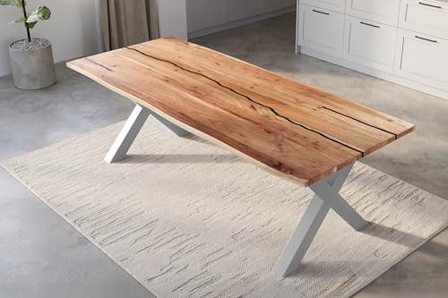SAM Baumkantentisch 300 x 100 cm Polly, Epoxidharz-Adern in Schwarz, Akazienholz massiv + naturfarben, Esstisch mit X-Eisengestell Silber, Tischplatte 26 mm, Esszimmertisch mit echter Baumkante
