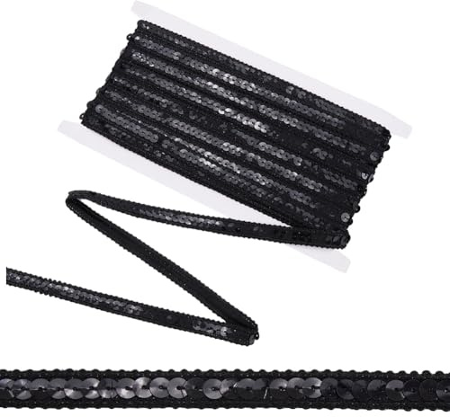 CABODYALS 10 m Schwarze Paillettenstreifen Glitzerndes Einreihiges Band Geflochtener Spitzenbesatz Elastisch Flach Rund Pailletten Paillettenrollen Glänzende Polyesterbänder Für Kleidungszubehör Dekor