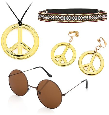 KarneLux Hippie Accessoires 4er Pack - Kette, Ohrringe Brille und Strinband für das 70er Jahre Outfit - Ideal für Karneval, Fasching oder Motto Partys