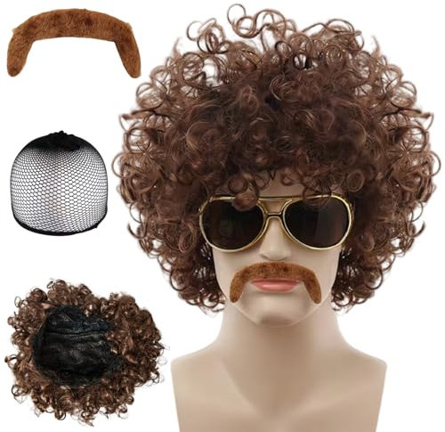 Ymoryiyi Afro Perücke Herren mit Schnurrbart - Kurze Locken Perücke in Braun - 70er Jahre Disco Kostüm & Hippie Accessoires für Herren - Perücke Locken für Fasching, Mottoparty, Halloween
