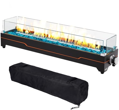 GRISUN 71,1 cm große Propangas-Feuerstelle, 45.000 BTU Tisch-Gas-Feuerstelle, Tisch-Feuerstelle für Terrasse, tragbarer Kamin im Freien, rechteckige Feuerschale mit Glas-Windschutz, Glasperlen und