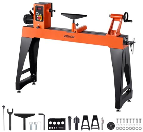 VEVOR Tornio per Legno, 1,5 CV, Tornio da Banco per Legno con Velocità Variabile da 0 a 3200 giri/min, Banco da Lavoro da 406 x 1020 mm, Motore DC Senza Spazzole, Costruzione in Ghisa