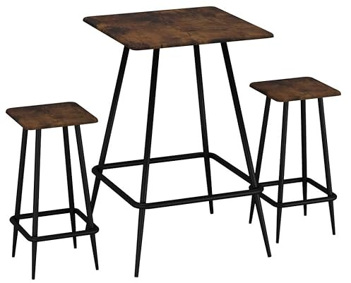 URBNLIVING 3-Piece Square Breakfast Bar Table & 2 Stools Set – Wood & Metal, Compact Dining for Small Spaces - Rustic Brown