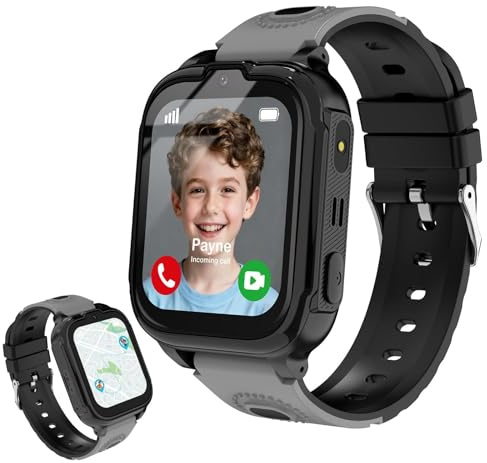 POFIBO Smartwatch Kinder 4G mit GPS und Telefon – Kinder Smartwatch mit Videoanruf, Voice Chat, SOS, Spiele, Playdate, Wecker, Schulmodus, Taschenlampe für Jungen & Mädchen 4–16 Jahre(Kohleschwarz)