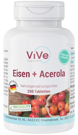 Järn + Acerola – 200 tabletter – Järnbisglycinat med naturligt C-vitamin – 200 tabletter – 40mg C-vitamin + 40mg järn per tablett – Hög dosering – Biotillgängligt – Kvalitet från Tyskland – ViVe Sup