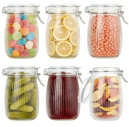autumndeer Clip Top Glass Jar 1 Litre, 6 Pack Airtight Glass Jars with Airtight Metal Clip Lid, Large Mason Jars, Kitchen Storage Container Round Jar, for Coffee Beans, Pickling, Chutney, Jam, Nut