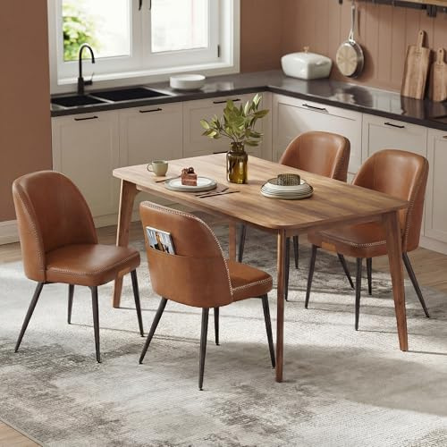 VASAGLE EKHO Collection - Dining Chairs Set of 4, Upholstered Kitchen Chairs, Comfortable Seat, Synthetic Leather with Stitching, Mid-Century Modern, Easy Assembly, with Storage Pocket, Caramel Brown